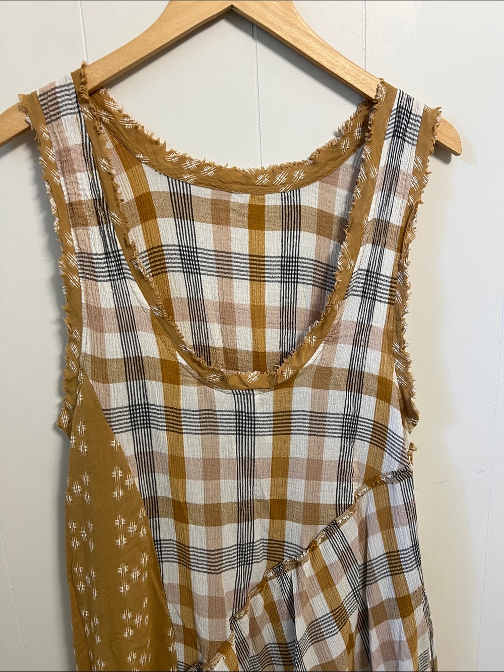 Free People No Stress Billowy Sleeveless Plaid Patchwork Raw Edge Midi Dress M - Picture 5 of 13